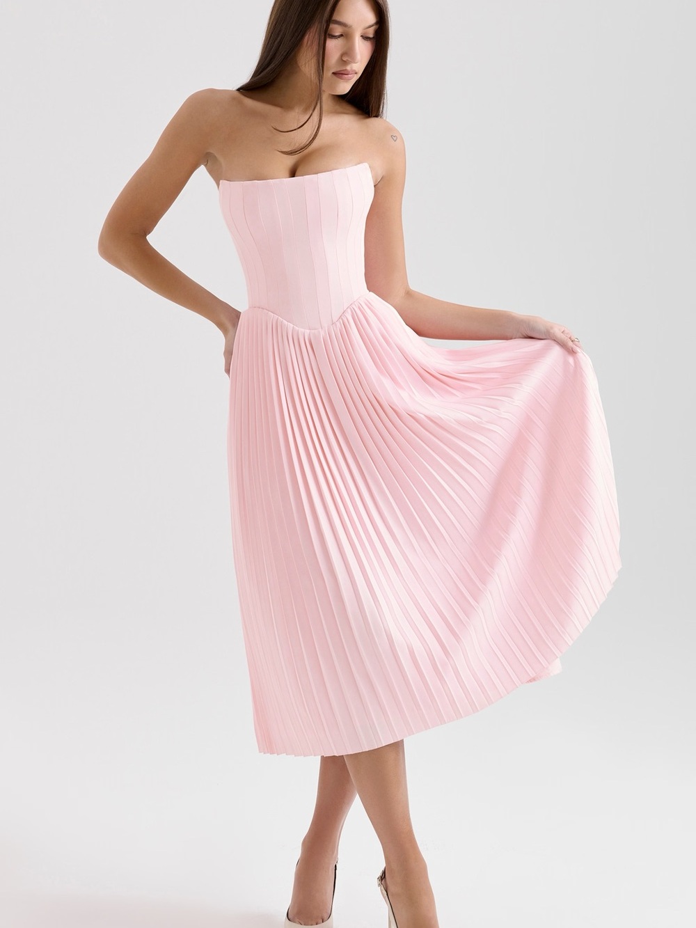 NWT House of CB Marci Pink Pleated Midi Corset Dress, Sz S
